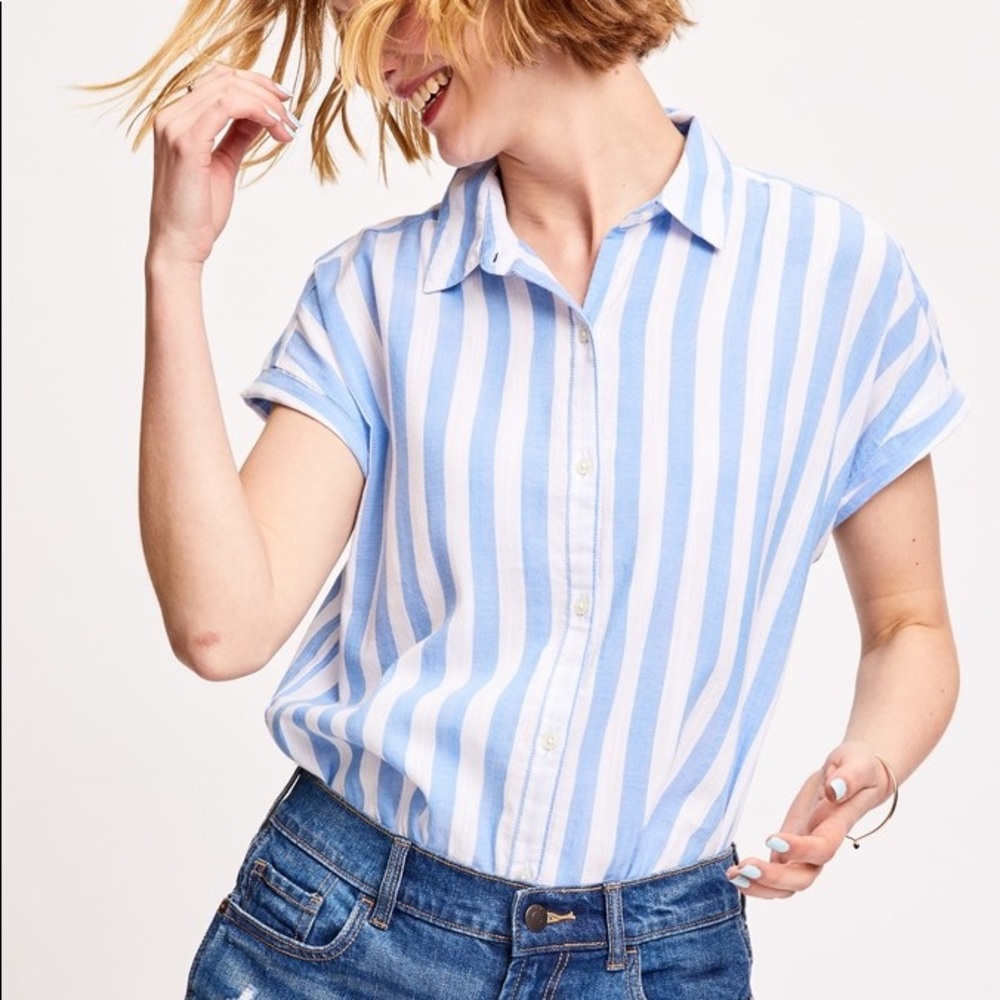 Old Navy Blue & White Striped Rolled Sleeve Button Down Short Sleeve Top